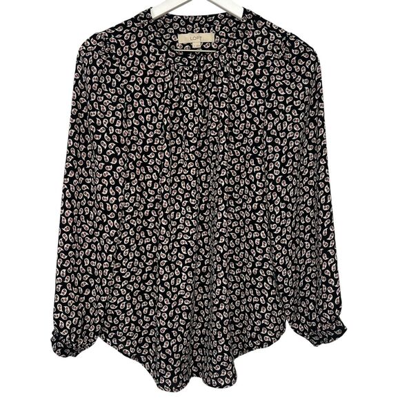 LOFT Paisley Blouse Womens Small Black White Red Long Sleeve Keyhole Neck Top - Picture 1 of 5